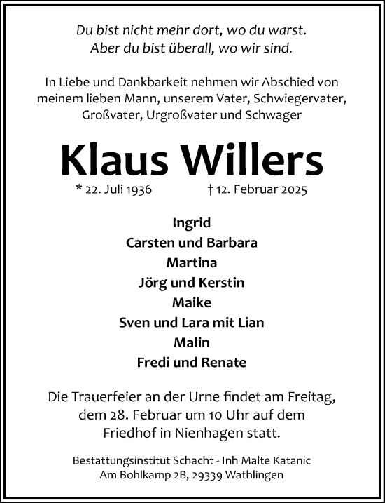 Traueranzeige von Klaus Willers von Cellesche Zeitung