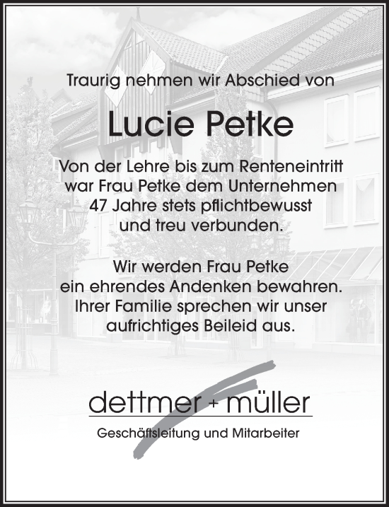 Traueranzeige von Lucie Petke von Cellesche Zeitung