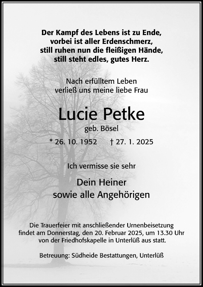  Traueranzeige für Lucie Petke vom 15.02.2025 aus Cellesche Zeitung