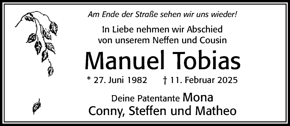  Traueranzeige für Manuel Tobias vom 13.02.2025 aus Cellesche Zeitung
