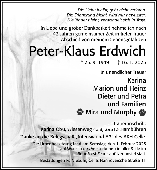 Traueranzeige von Peter-Klaus Erdwich von Cellesche Zeitung