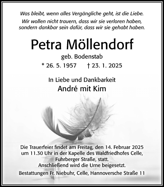 Traueranzeige von Petra Möllendorf von Cellesche Zeitung