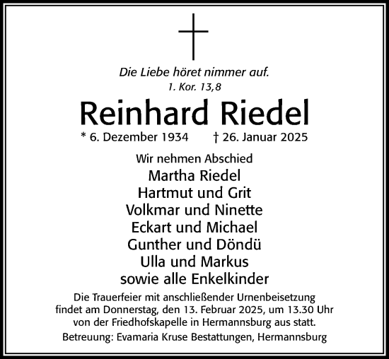 Traueranzeige von Reinhard Riedel von Cellesche Zeitung