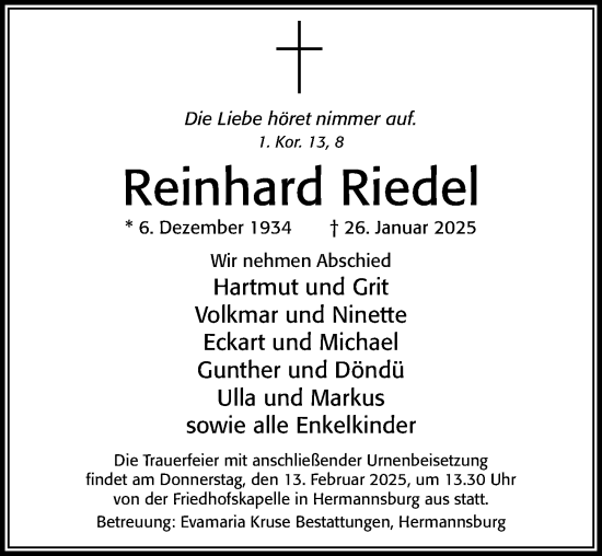 Traueranzeige von Reinhard Riedel von Cellesche Zeitung
