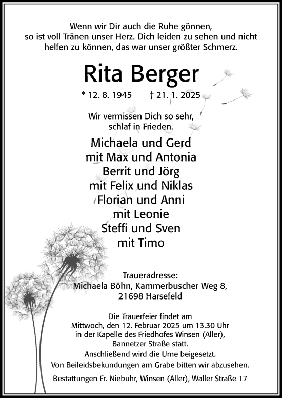 Traueranzeige von Rita Berger von Cellesche Zeitung