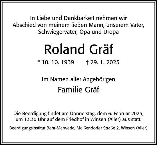 Traueranzeige von Roland Gräf von Cellesche Zeitung