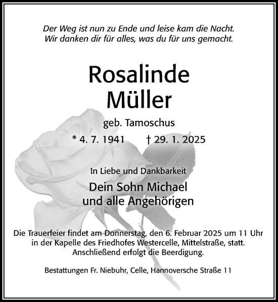 Traueranzeige von Rosalinde Müller von Cellesche Zeitung
