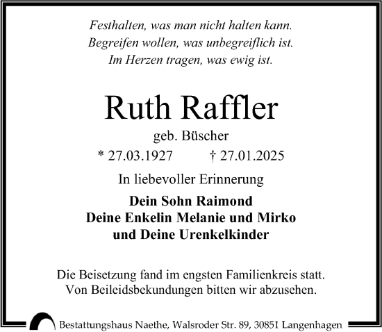 Traueranzeige von Ruth Raffler von Cellesche Zeitung