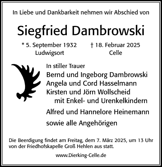 Traueranzeige von Siegfried Dambrowski von Cellesche Zeitung