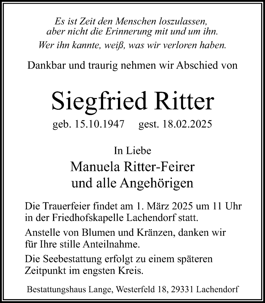  Traueranzeige für Siegfried Ritter vom 22.02.2025 aus Cellesche Zeitung