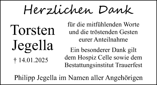 Traueranzeige von Torsten Jegella von Cellesche Zeitung