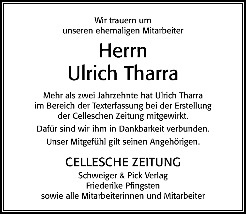  Traueranzeige für Ulrich Tharra vom 01.02.2025 aus Cellesche Zeitung