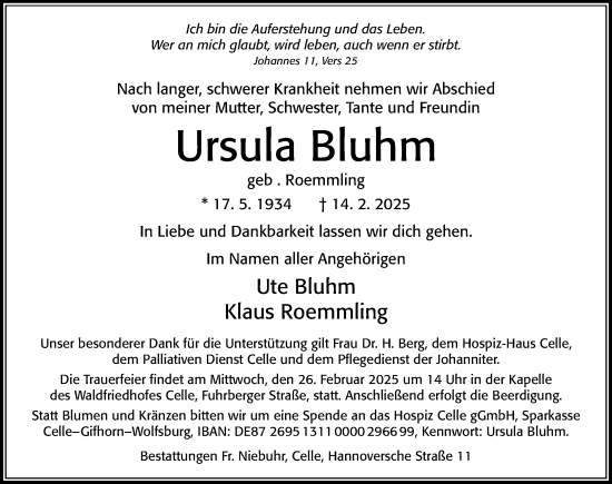 Traueranzeige von Ursula Bluhm von Cellesche Zeitung