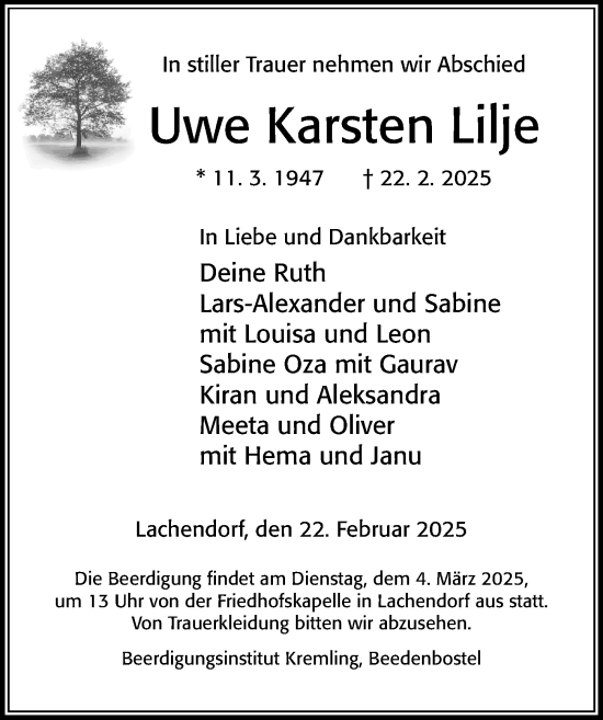 Traueranzeige von Uwe Karsten Lilje von Cellesche Zeitung