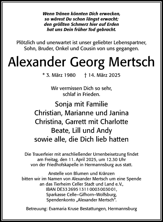 Traueranzeige von Alexander Georg Mertsch von Cellesche Zeitung