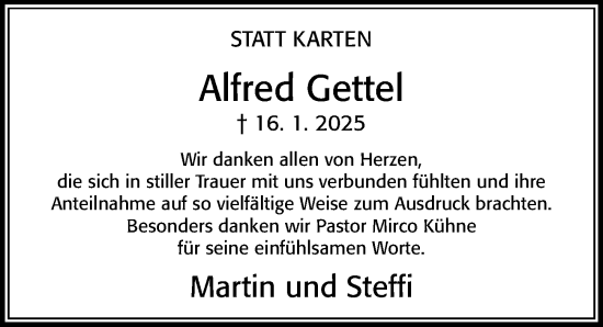 Traueranzeige von Alfred Gettel von Cellesche Zeitung