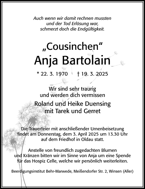 Traueranzeige von Anja Bartolain von Cellesche Zeitung