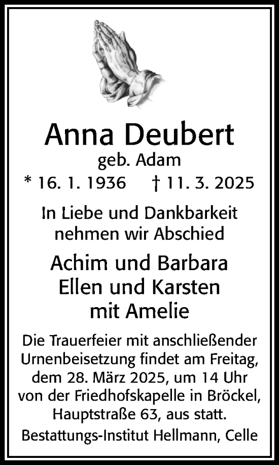 Traueranzeige von Anna Deubert von Cellesche Zeitung