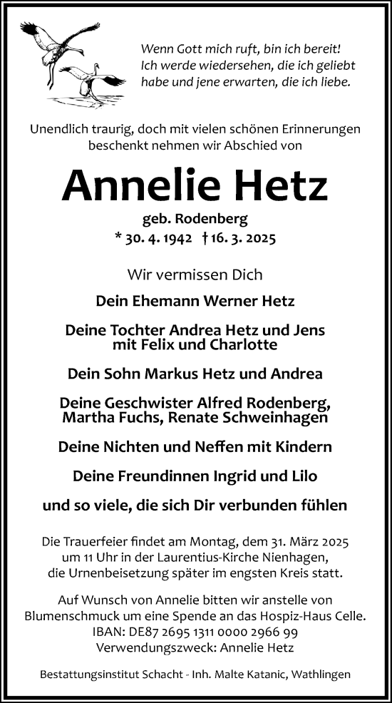 Traueranzeige von Annelie Hetz von Cellesche Zeitung