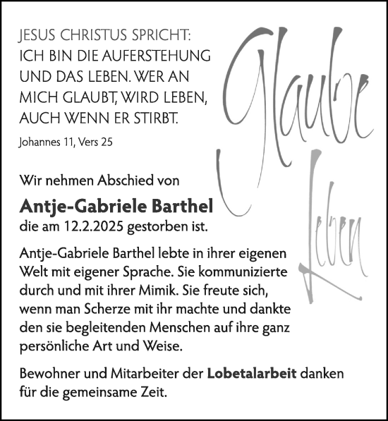 Traueranzeige von Antje-Gabriele Barthel von Cellesche Zeitung