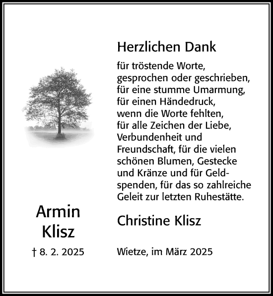 Traueranzeige von Armin Klisz von Cellesche Zeitung