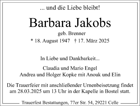 Traueranzeige von Barbara Jakobs von Cellesche Zeitung