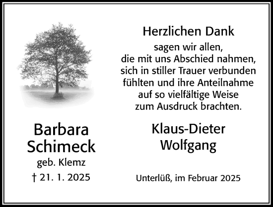 Traueranzeige von Barbara Schimeck von Cellesche Zeitung