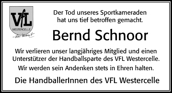 Traueranzeige von Bernd Schnoor von Cellesche Zeitung