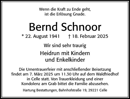 Traueranzeige von Bernd Schnoor von Cellesche Zeitung