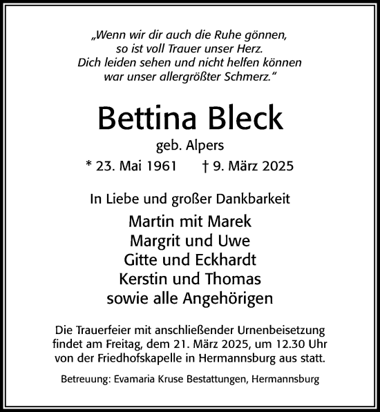Traueranzeige von Bettina Bleck von Cellesche Zeitung