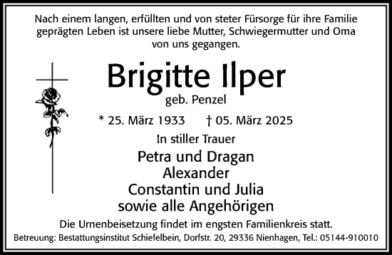 Traueranzeige von Brigitte Ilper von Cellesche Zeitung