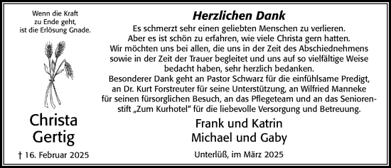 Traueranzeige von Christa Gertig von Cellesche Zeitung