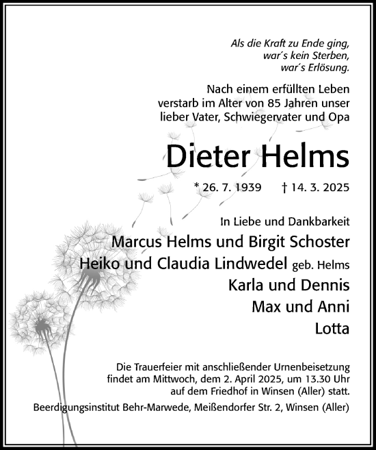 Traueranzeige von Dieter Helms von Cellesche Zeitung