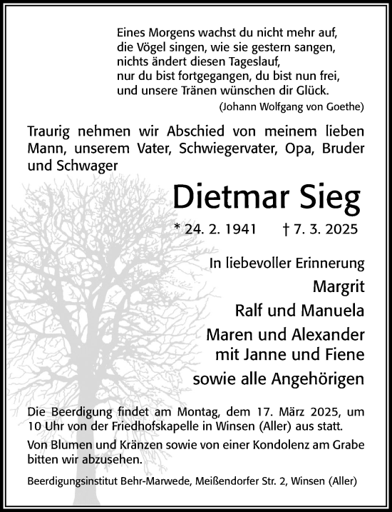 Traueranzeige von Dietmar Sieg von Cellesche Zeitung