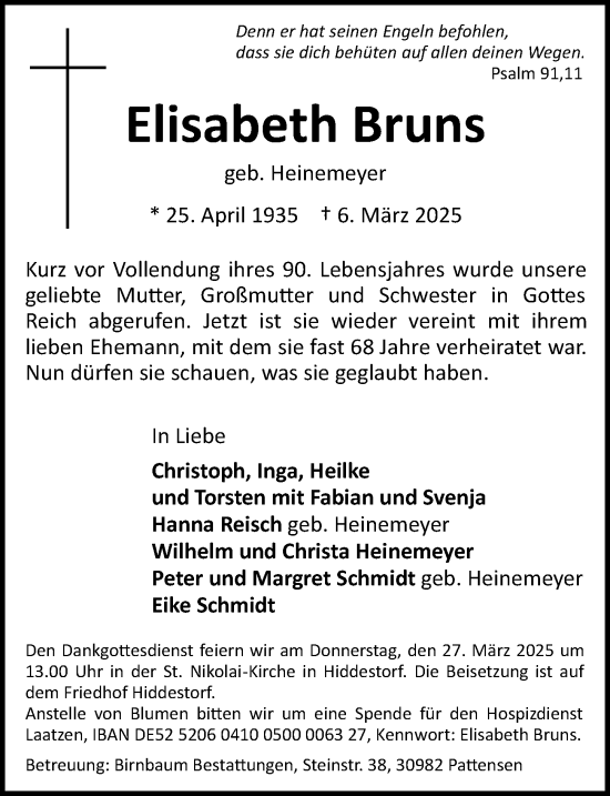 Traueranzeige von Elisabeth Bruns von Cellesche Zeitung