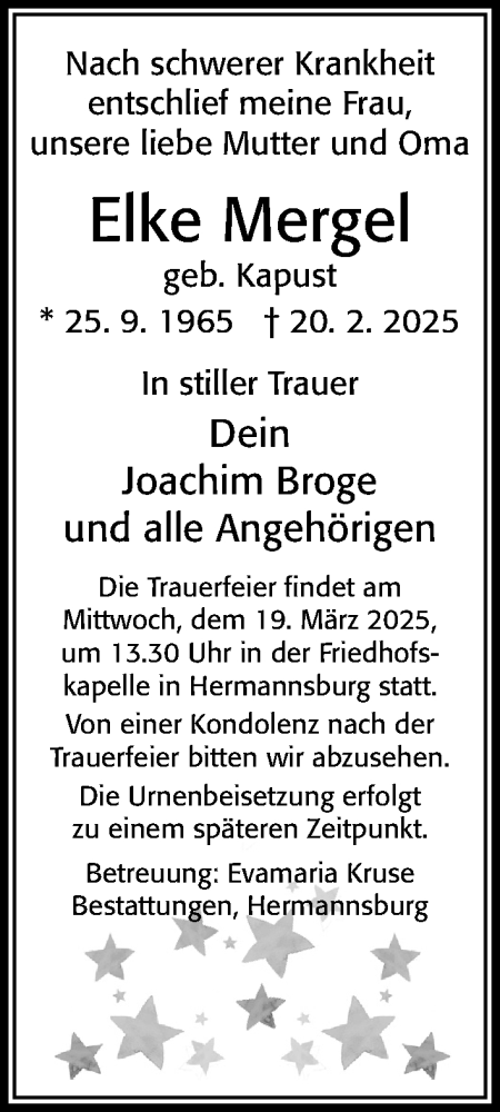 Traueranzeige von Elke Mergel von Cellesche Zeitung