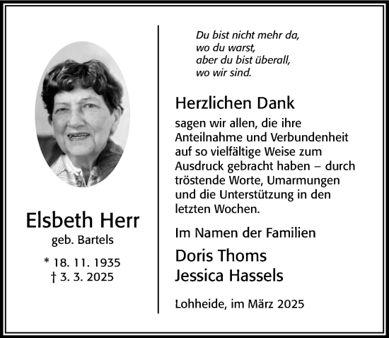 Traueranzeige von Elsbeth Herr von Cellesche Zeitung