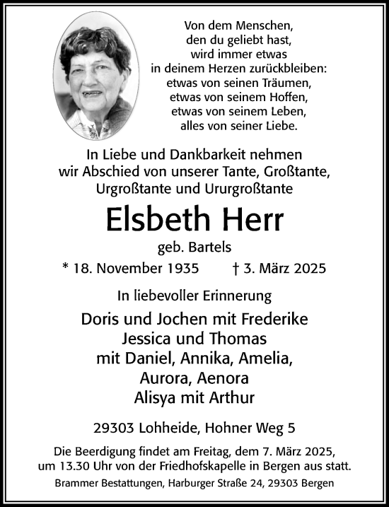 Traueranzeige von Elsbeth Herr von Cellesche Zeitung
