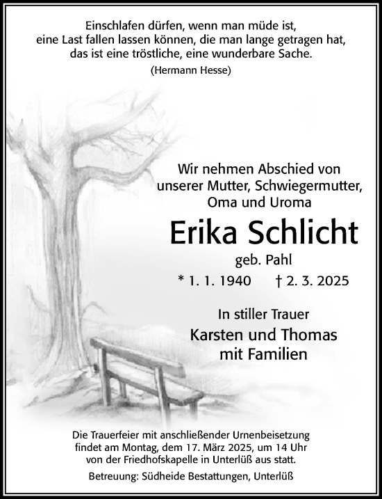 Traueranzeige von Erika Schlicht von Cellesche Zeitung