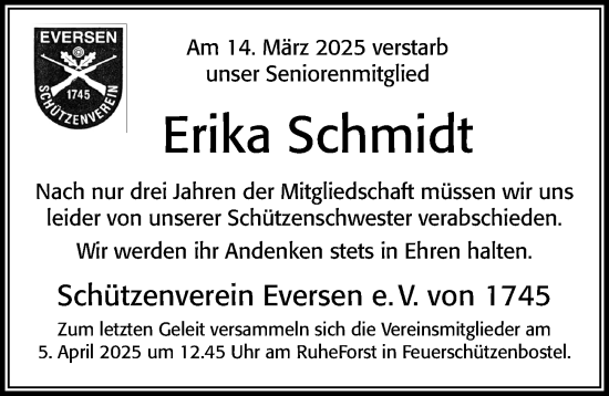 Traueranzeige von Erika Schmidt von Cellesche Zeitung