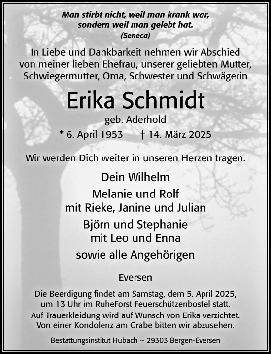 Traueranzeige von Erika Schmidt von Cellesche Zeitung