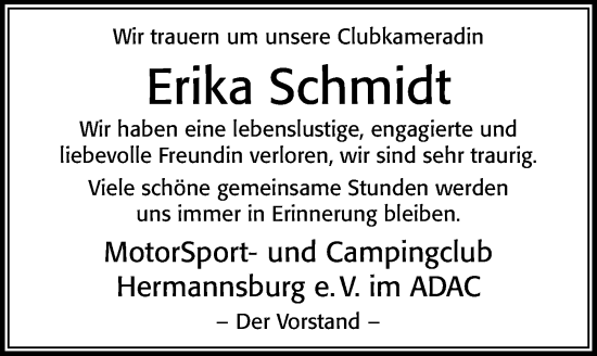 Traueranzeige von Erika Schmidt von Cellesche Zeitung