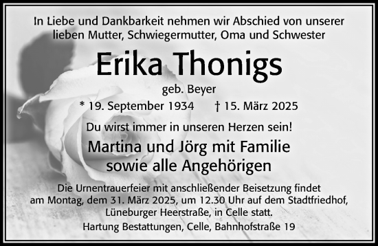 Traueranzeige von Erika Thonigs von Cellesche Zeitung