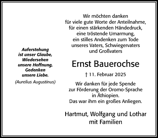 Traueranzeige von Ernst Bauerochse von Cellesche Zeitung