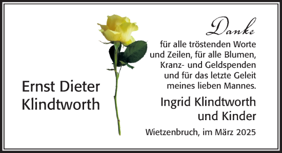 Traueranzeige von Ernst Dieter Klindtworth von Cellesche Zeitung