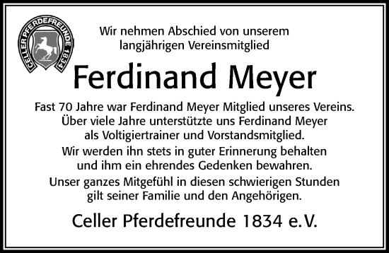 Traueranzeige von Ferdinand Meyer von Cellesche Zeitung