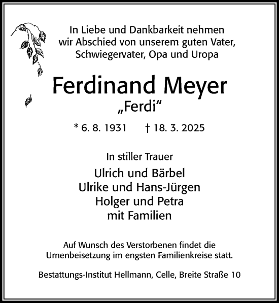 Traueranzeige von Ferdinand Meyer von Cellesche Zeitung