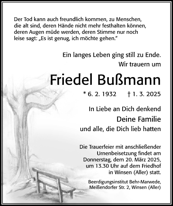 Traueranzeige von Friedel Bußmann von Cellesche Zeitung