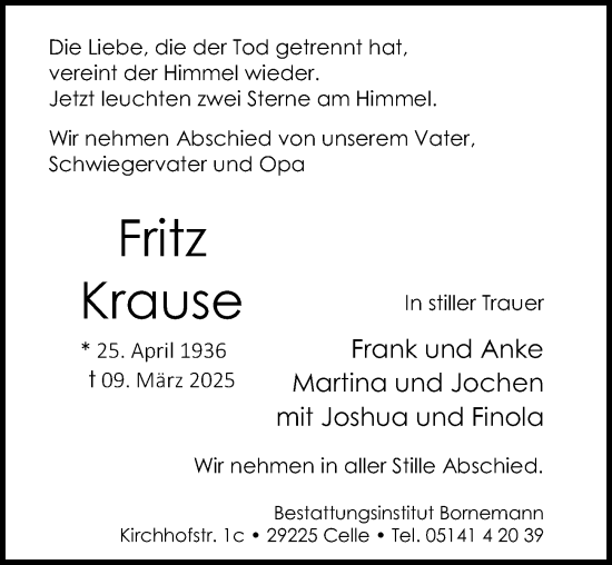 Traueranzeige von Fritz Krause von Cellesche Zeitung