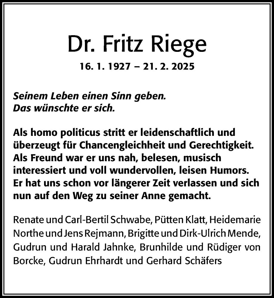  Traueranzeige für Fritz Riege vom 01.03.2025 aus Cellesche Zeitung